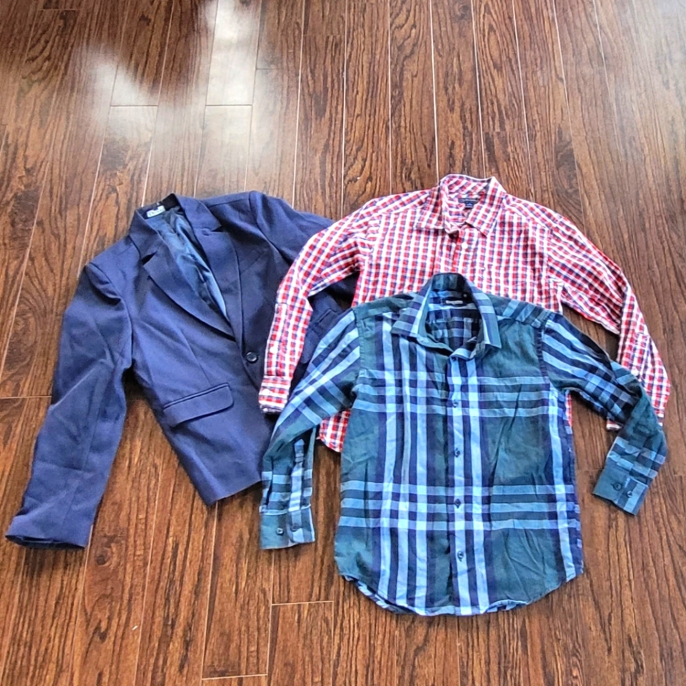 Boy Bundle Button Down Dress Red White Plaid Checker Pattern Shirts Blue Blazer